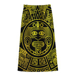 Black And Yellow Maya Calendar Print Cotton Front Slit Maxi Skirt