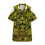 Black And Yellow Maya Calendar Print Cotton Hawaiian Shirt