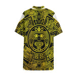 Black And Yellow Maya Calendar Print Cotton Hawaiian Shirt