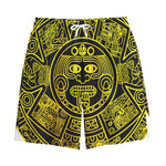Black And Yellow Maya Calendar Print Cotton Shorts