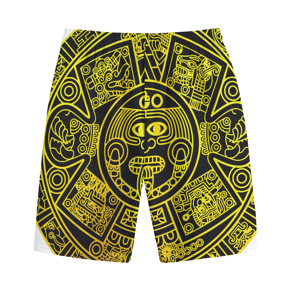 Black And Yellow Maya Calendar Print Cotton Shorts