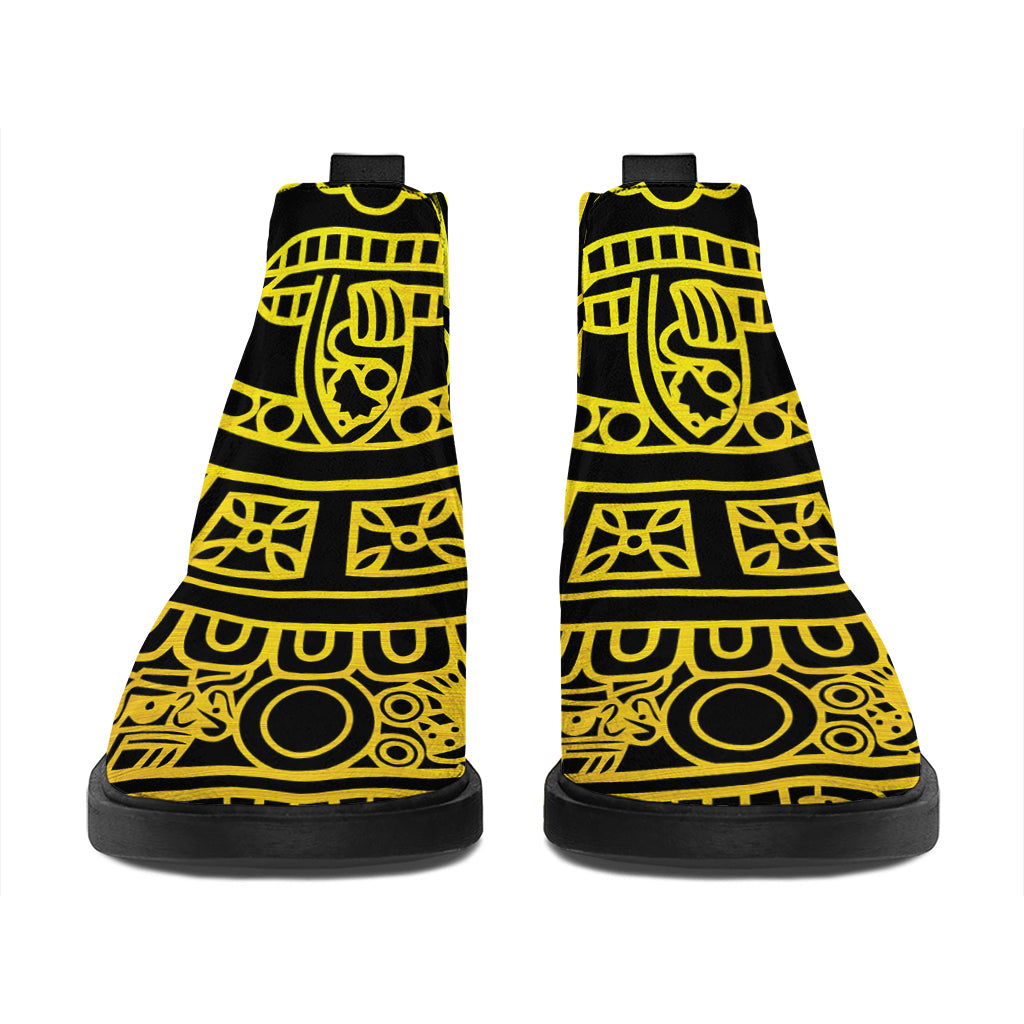 Black And Yellow Maya Calendar Print Flat Ankle Boots