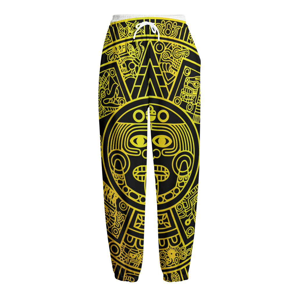 Black And Yellow Maya Calendar Print Fleece Lined Knit Pants