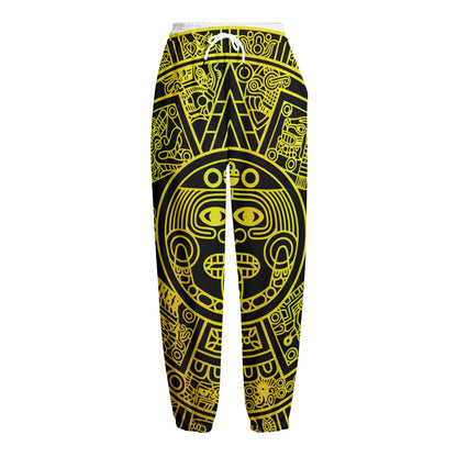 Black And Yellow Maya Calendar Print Fleece Lined Knit Pants