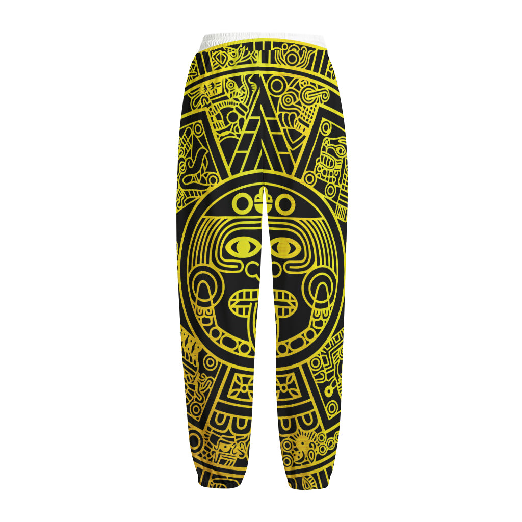 Black And Yellow Maya Calendar Print Fleece Lined Knit Pants