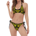 Black And Yellow Maya Calendar Print Halter Scoop Tie Side Bikini