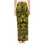 Black And Yellow Maya Calendar Print High Slit Maxi Skirt