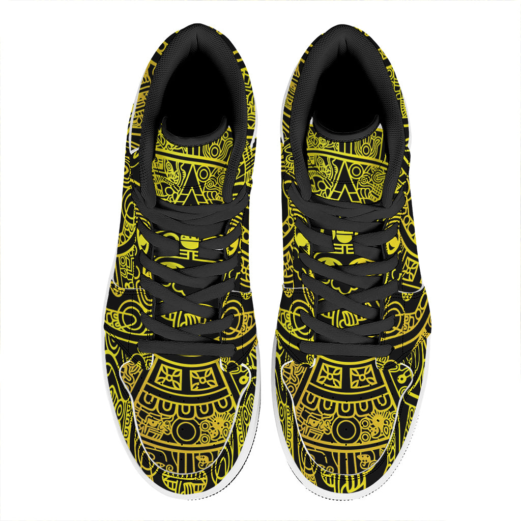 Black And Yellow Maya Calendar Print High Top Leather Sneakers