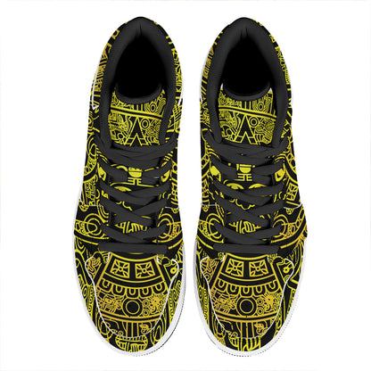 Black And Yellow Maya Calendar Print High Top Leather Sneakers