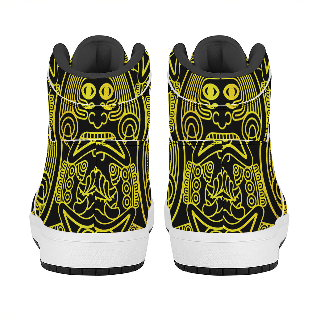 Black And Yellow Maya Calendar Print High Top Leather Sneakers
