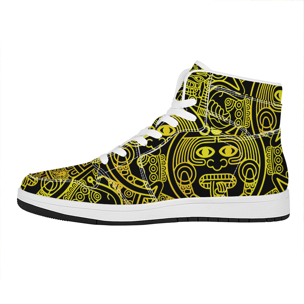 Black And Yellow Maya Calendar Print High Top Leather Sneakers
