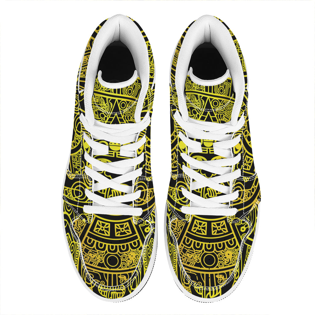 Black And Yellow Maya Calendar Print High Top Leather Sneakers