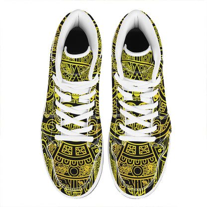 Black And Yellow Maya Calendar Print High Top Leather Sneakers