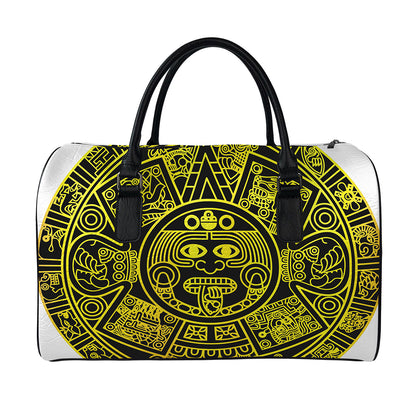 Black And Yellow Maya Calendar Print Leather Duffle Bag