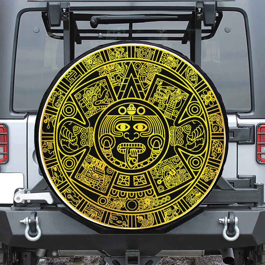 Black And Yellow Maya Calendar Print Leather Spare Tire Cover