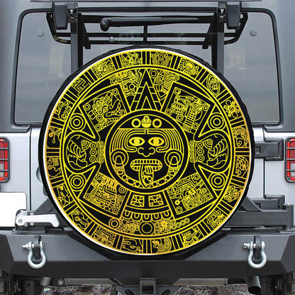 Black And Yellow Maya Calendar Print Leather Spare Tire Cover