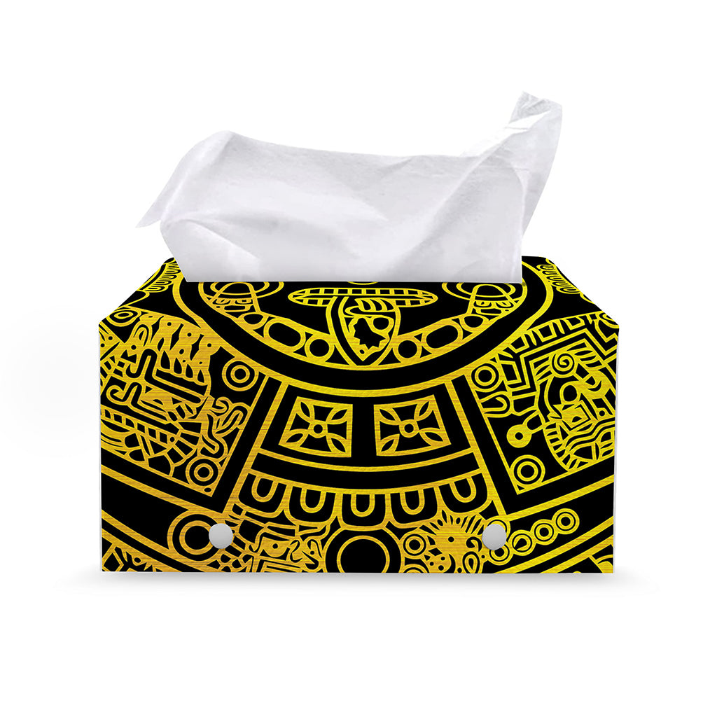 Black And Yellow Maya Calendar Print Leather Tissue Box Cover