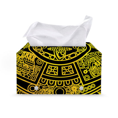 Black And Yellow Maya Calendar Print Leather Tissue Box Cover