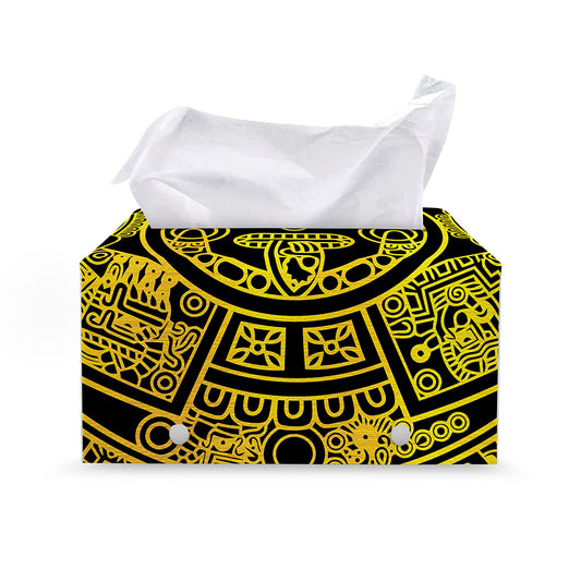 Black And Yellow Maya Calendar Print Leather Tissue Box Cover