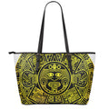Black And Yellow Maya Calendar Print Leather Tote Bag With Zipper