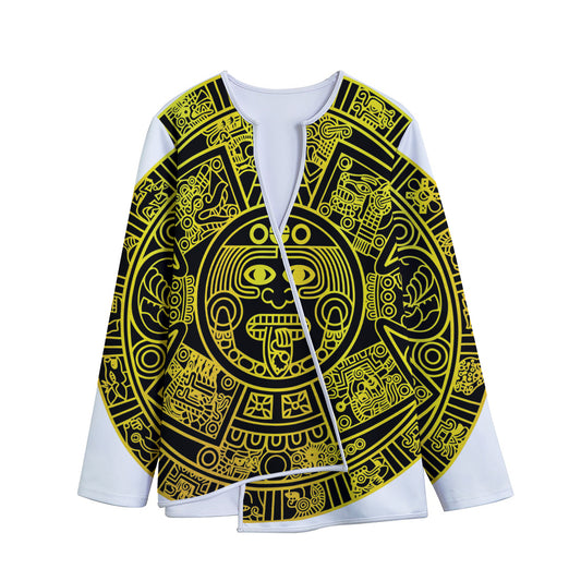Black And Yellow Maya Calendar Print Long Sleeve Short Coat
