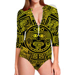 Black And Yellow Maya Calendar Print Long Sleeve Swimsuit