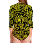 Black And Yellow Maya Calendar Print Long Sleeve Swimsuit