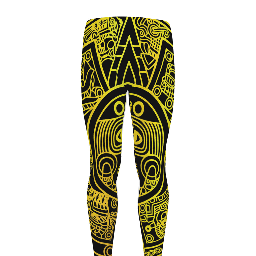Black And Yellow Maya Calendar Print Men's leggings