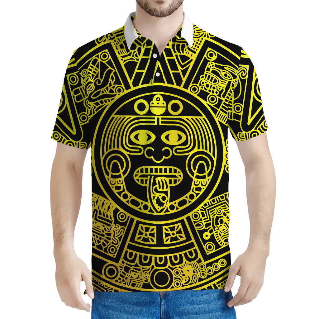 Black And Yellow Maya Calendar Print Men's Polo Shirt