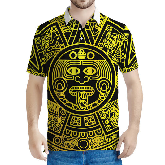 Black And Yellow Maya Calendar Print Men's Polo Shirt
