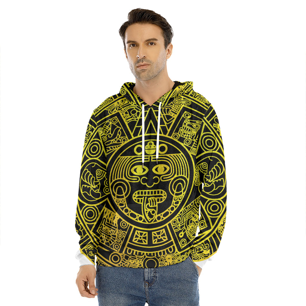 Black And Yellow Maya Calendar Print Men's Velvet Pullover Hoodie