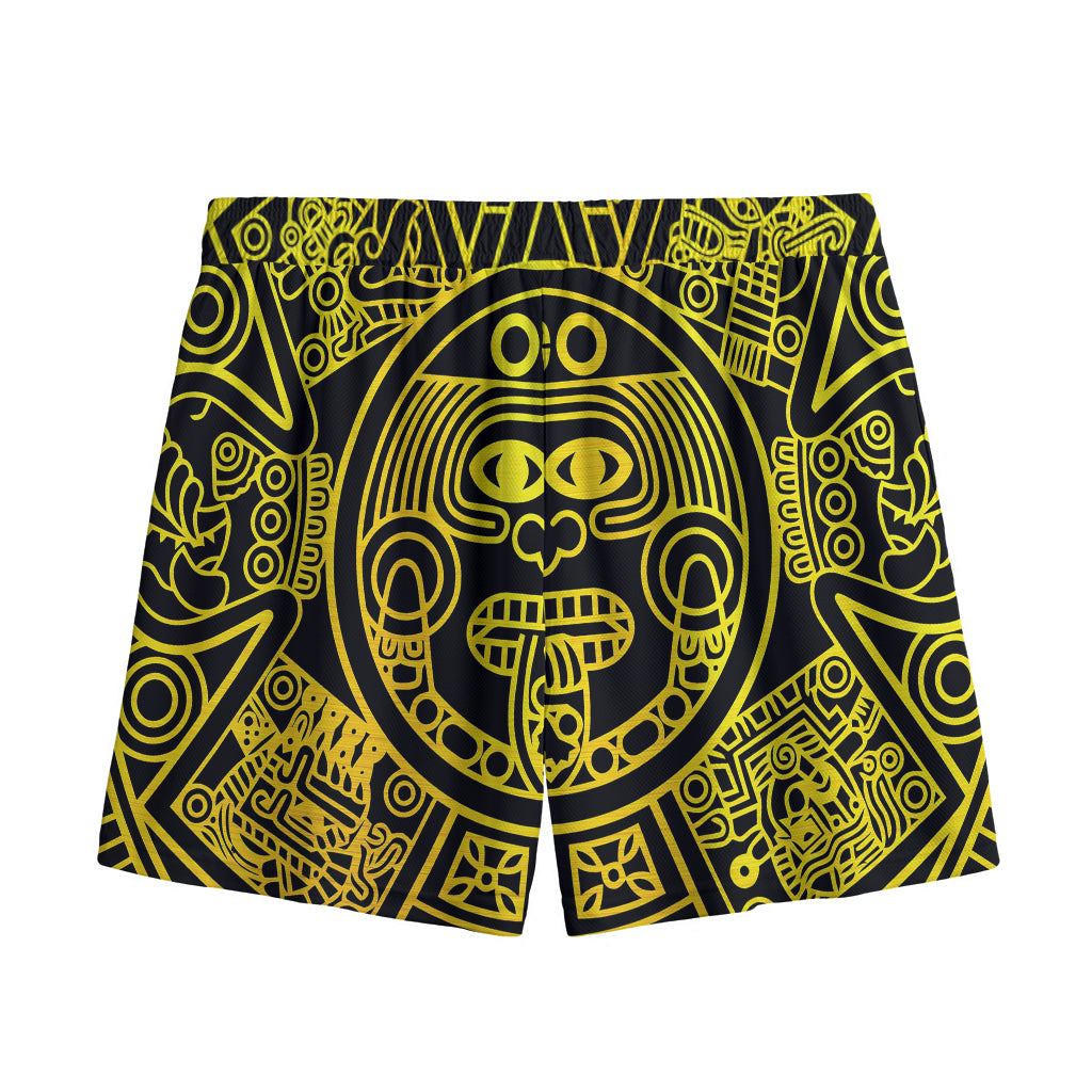 Black And Yellow Maya Calendar Print Mesh Shorts