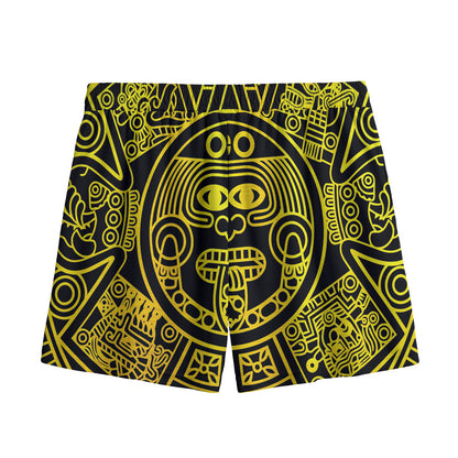 Black And Yellow Maya Calendar Print Mesh Shorts