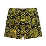 Black And Yellow Maya Calendar Print Mesh Shorts