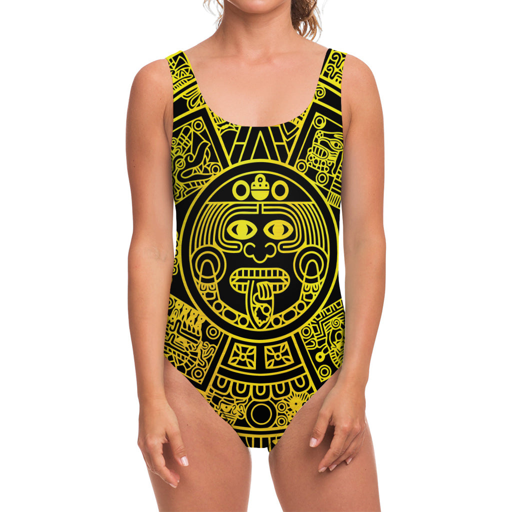 Black And Yellow Maya Calendar Print One Piece Swimsuit