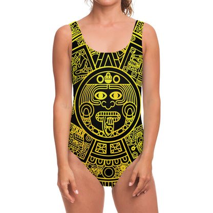 Black And Yellow Maya Calendar Print One Piece Swimsuit
