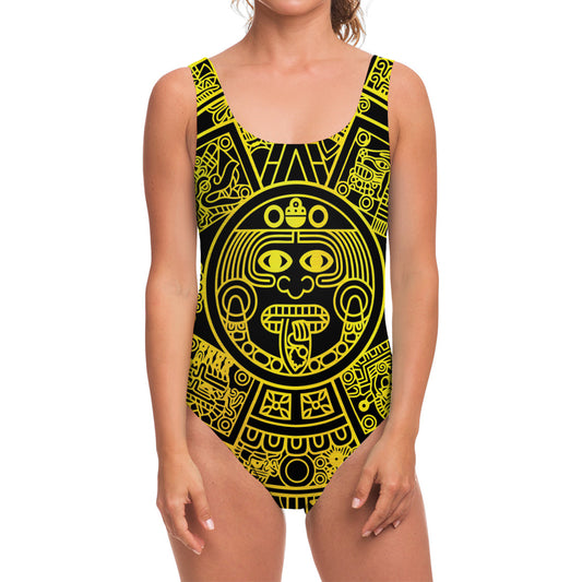 Black And Yellow Maya Calendar Print One Piece Swimsuit