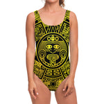 Black And Yellow Maya Calendar Print One Piece Swimsuit