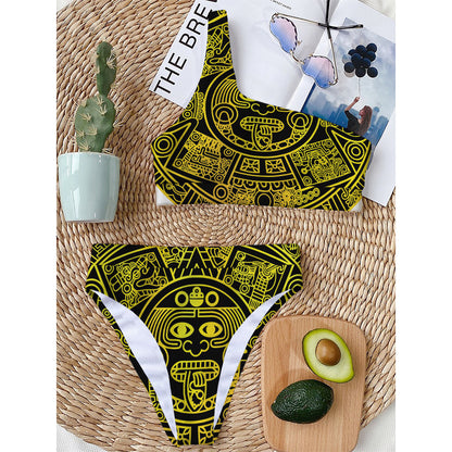 Black And Yellow Maya Calendar Print One Shoulder Bikini Top