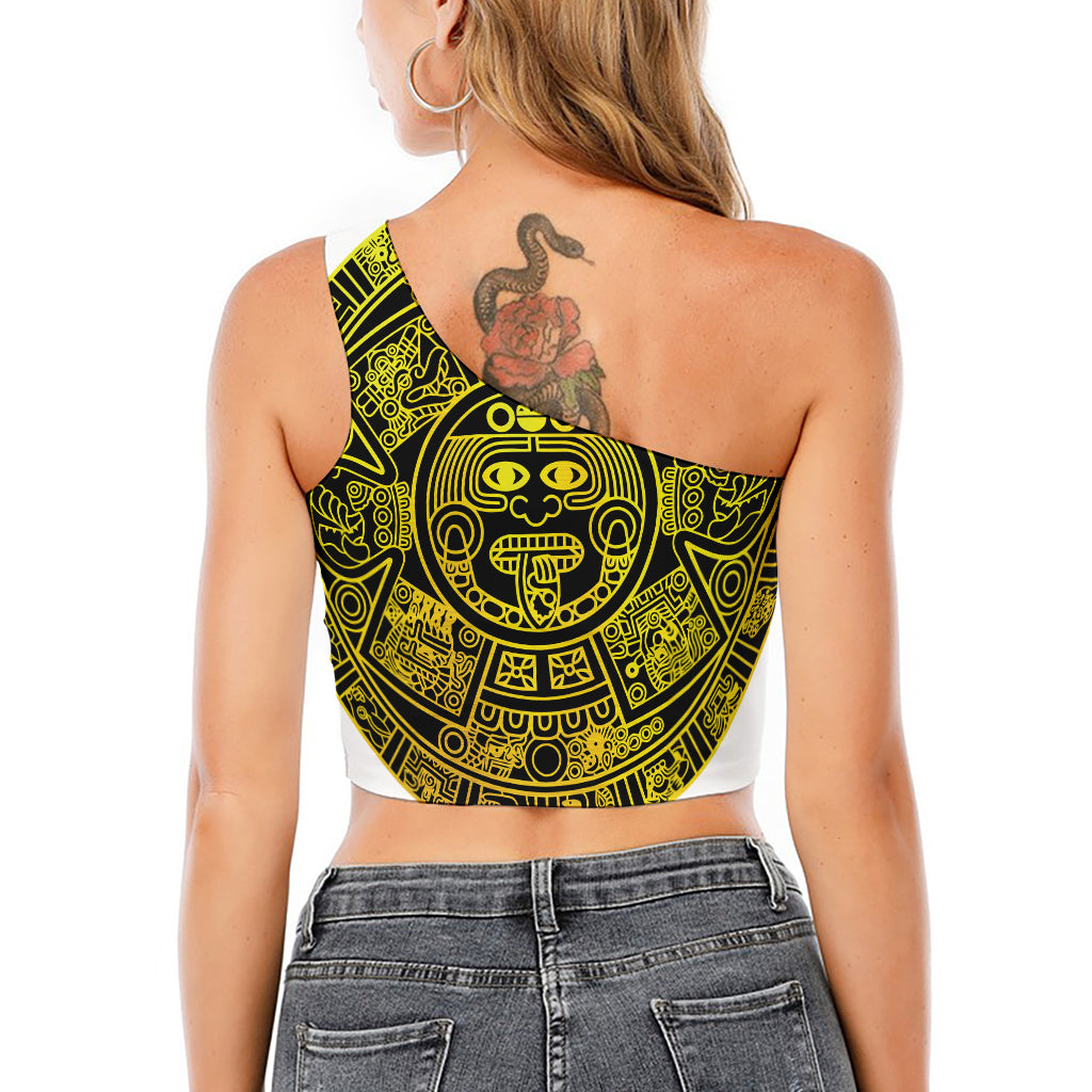 Black And Yellow Maya Calendar Print One Shoulder Crop Top
