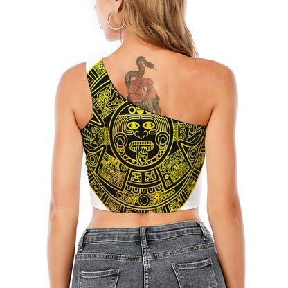 Black And Yellow Maya Calendar Print One Shoulder Crop Top