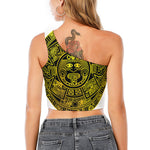 Black And Yellow Maya Calendar Print One Shoulder Crop Top