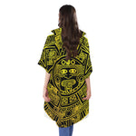 Black And Yellow Maya Calendar Print Open Front Beach Cover Up