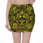 Black And Yellow Maya Calendar Print Pencil Mini Skirt