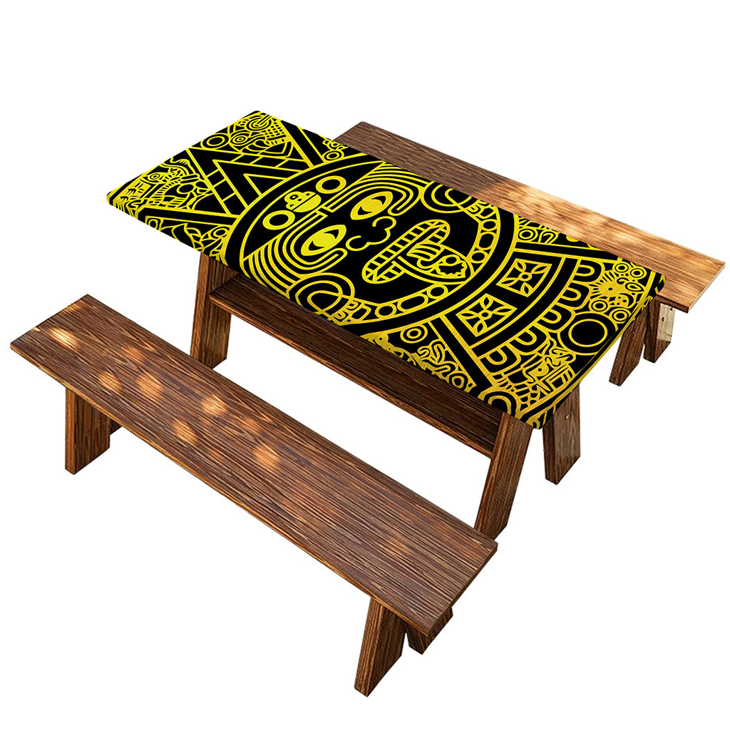 Black And Yellow Maya Calendar Print Picnic Table Cover