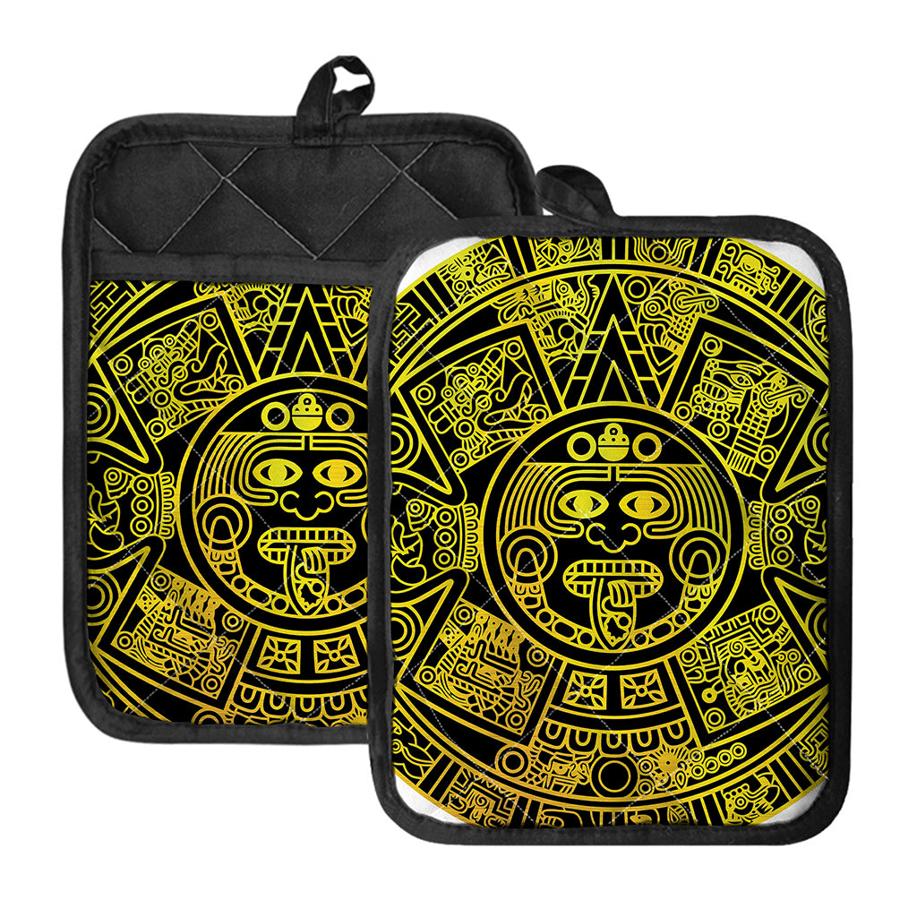 Black And Yellow Maya Calendar Print Pot Holders With Pocket