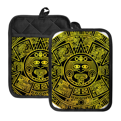 Black And Yellow Maya Calendar Print Pot Holders With Pocket