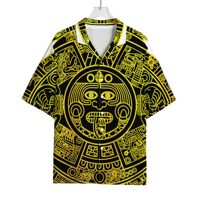 Black And Yellow Maya Calendar Print Rayon Hawaiian Shirt