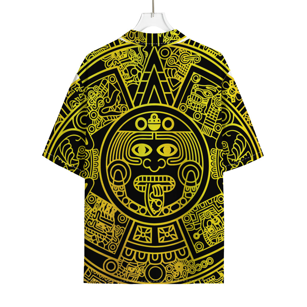 Black And Yellow Maya Calendar Print Rayon Hawaiian Shirt