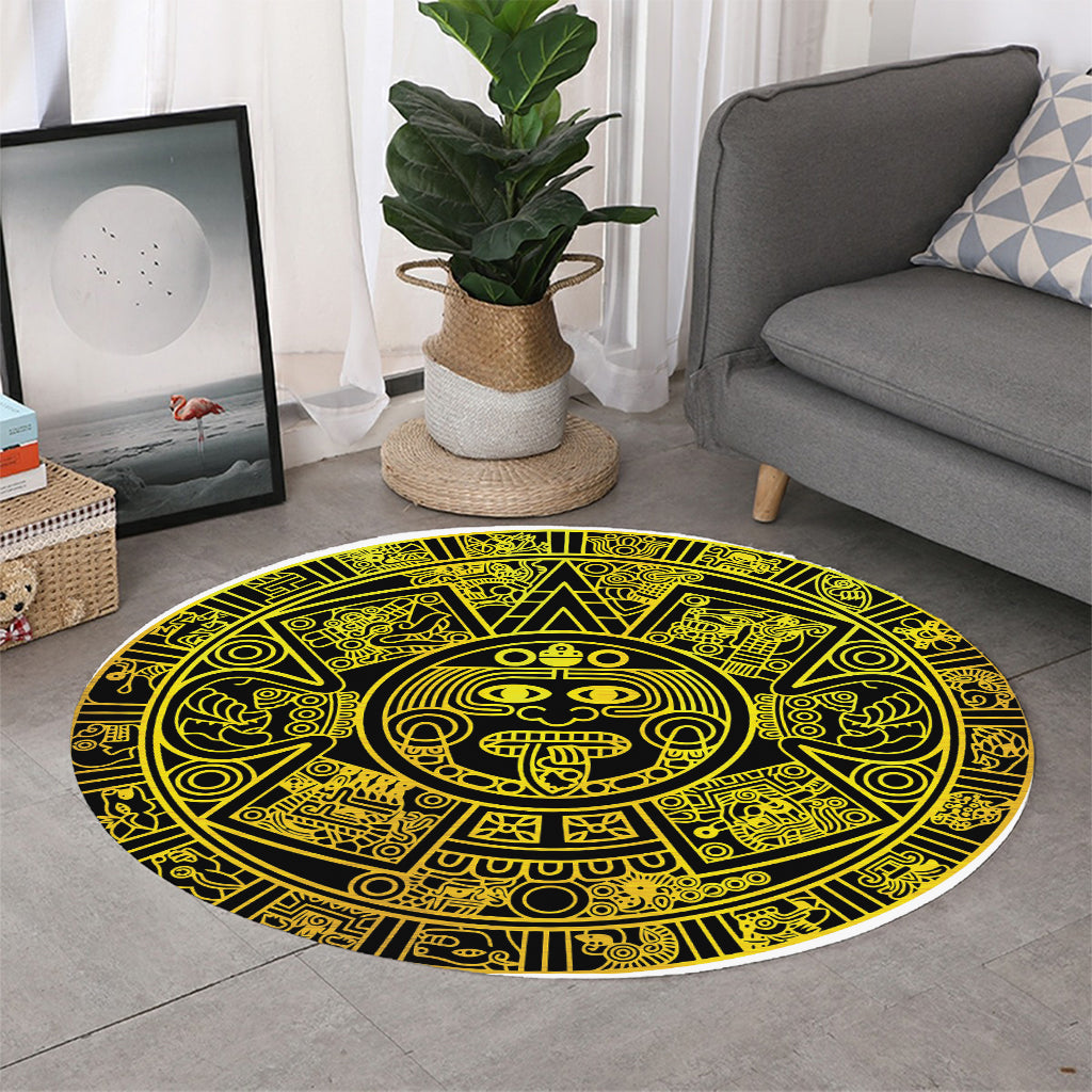 Black And Yellow Maya Calendar Print Round Rug